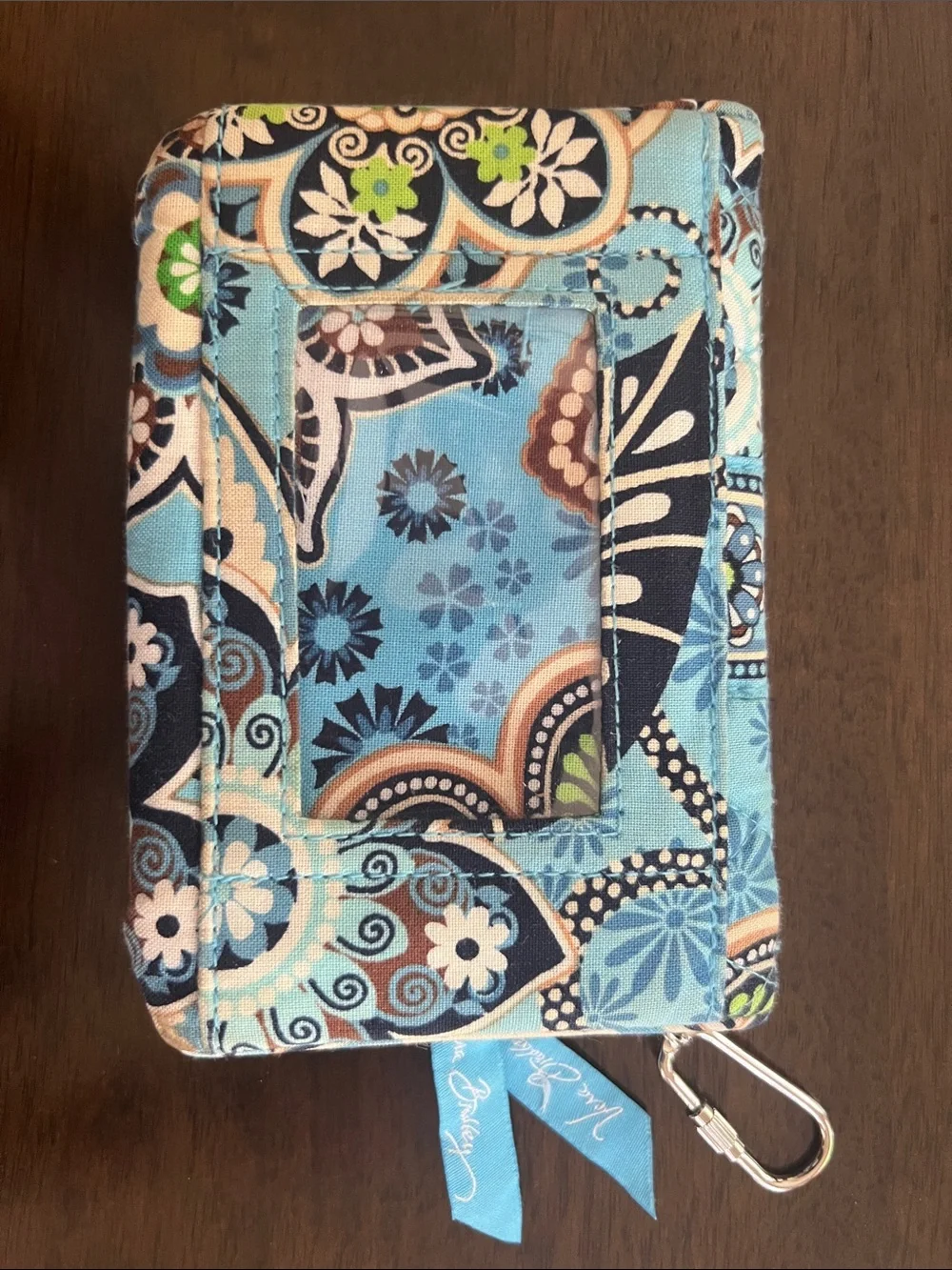 Vera Bradley Blue Floral Quilted ID Wallet with Lanyard Clip